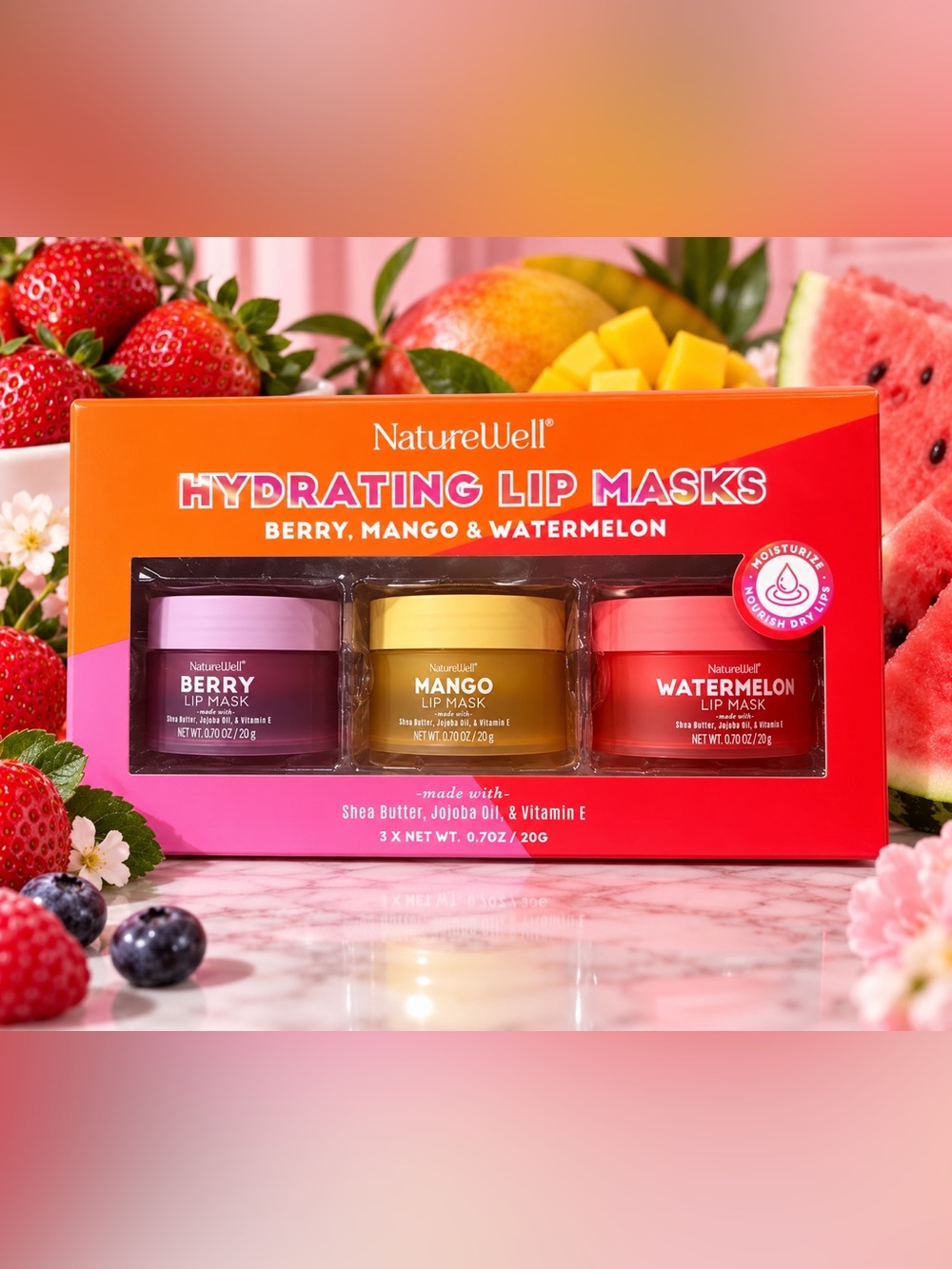 NIP NatureWell Hydrating Lip Mask Trio | Berry Mango Watermelon | 3-Piece Set
